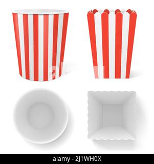 Seau à rayures pour le pop-corn, les ailes de poulet ou les jambes, isolé sur fond transparent. Vide rouge blanc stripy pail fastfood, papier poule bucketful Illustration de Vecteur