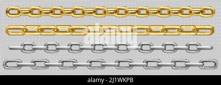 Chaîne métallique de maillons argentés, chromés, en acier ou dorés. Bordure avec anneaux en acier inoxydable connectés. Éléments décoratifs droits gris lourd, jaunes isolés Illustration de Vecteur