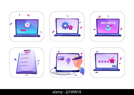 Ensemble d'icônes commande en ligne, concepteur de créer une idée sur tablette graphique, évaluation ou commentaires client avec cinq étoiles sur l'écran d'ordinateur portable, processus de travail. Doux Illustration de Vecteur