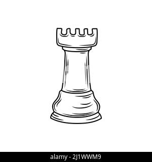 Croquis dessiné à la main de la pièce d'échecs de Rok sur fond blanc. Pièces d'échecs. Échecs. Icône d'échec de Rook. Illustration de Vecteur