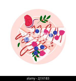 Morceaux de gâteau décorés de baies, vue sur le dessus. Gâteaux pâtisseries et baies sur une soucoupe. Illustration vectorielle d'un dessert au cheesecake dans une bande dessinée plate Illustration de Vecteur