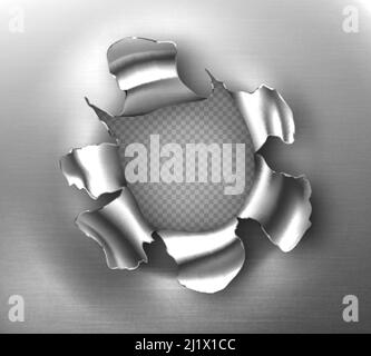 Trou déchiré, fissure ronde déchirée dans une tôle d'acier. Maquette vectorielle réaliste des bords déchirés de la cassure métallique, trou rond isolé sur un arrière-plan transparent. Illustration de Vecteur