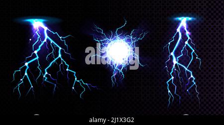 Balle électrique et coup de foudre, lieu d'impact, sphère plasma ou flash d'énergie magique en bleu isolé sur fond noir. electrica puissant Illustration de Vecteur