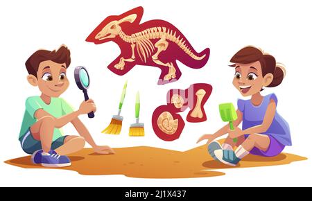 Enfants jouant dans des archéologues travaillant sur des fouilles paléontologiques creusant le sol avec une pelle et explorant des objets avec une loupe. Enfants St Illustration de Vecteur