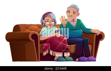 Homme et femme senior parlant par téléphone portable s'assoient sur un canapé dans une maison de repos. Une vieille dame enveloppée de tissu écossais et une personne âgée aux cheveux gris se détend sur le canapé Illustration de Vecteur