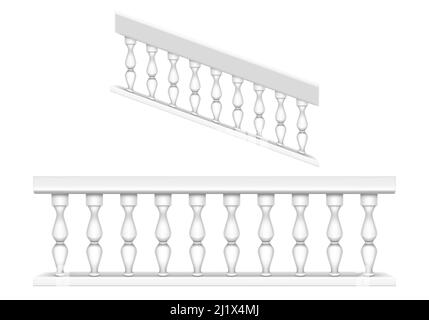 Balustrade en marbre blanc pour balcon, porche ou jardin et main courante pour escalier de style romain classique. Ensemble vectoriel réaliste de balustrades en pierre baroque, Illustration de Vecteur