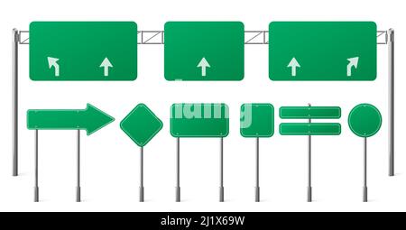 Panneaux routiers verts, panneaux de signalisation vierges sur poteaux en acier pour orienter la direction de la circulation urbaine, panneaux vides avec flèches de guidage blanches isolées sur wh Illustration de Vecteur