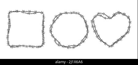 Jeu de barbelés en acier. Cadres circulaires, carrés et en forme de coeur en fil torsadé avec des barbes isolées sur fond blanc. Contours vectoriels réalistes de métal Illustration de Vecteur