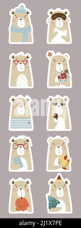 Ensemble d'autocollants grand vecteur avec des ours mignons à différentes périodes de l'année et avec différents objets. Ours en peluche d'hiver en chapeau, avec bouquet de fleurs et Illustration de Vecteur