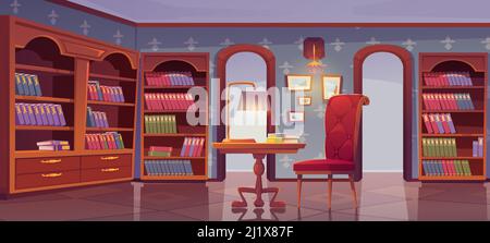 Bibliothèque VIP, intérieur de luxe, pièce vide pour lire avec des livres sur des étagères en bois de bibliothèque, fauteuil confortable et table avec lampe au centre Illustration de Vecteur