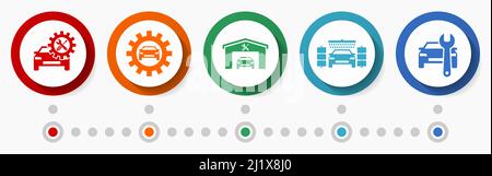 Jeu d'icônes vecteur de service de voiture et de lavage automatique, boutons Web de conception plate d'atelier, modèle d'infographie Illustration de Vecteur