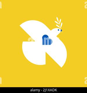 La paix pour l'Ukraine. Colombe blanche volant avec branche d'olive sur fond jaune. Forme de coeur bleu. Symbole de paix. Illustration vectorielle, conception plate Illustration de Vecteur