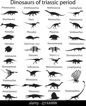 Silhouettes de dinosaures de la période triassique de l'ère mésozoïque avec des noms Illustration de Vecteur