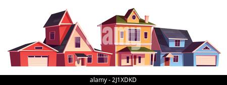 Maisons de banlieue, cottages résidentiels, bâtiments immobiliers de campagne. Architecture d'habitation suburbaine à deux étages avec garages. Façade isolée o Illustration de Vecteur