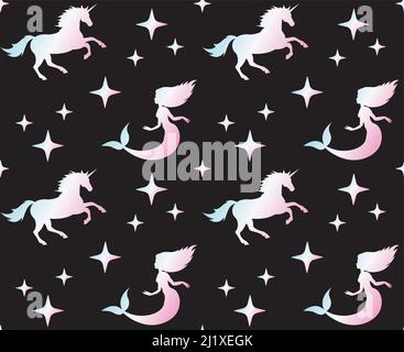 Motif vectoriel sans couture de licorne holographique et silhouette de sirène isolé sur fond noir Illustration de Vecteur