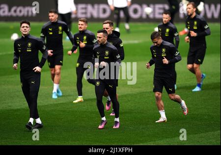 République tchèque joueurs lors d'une session d'entraînement au stade de Cardiff City, Cardiff. Date de la photo: Lundi 28 mars 2022. Banque D'Images