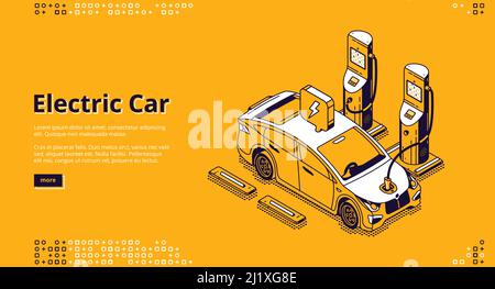 Bannière de voiture électrique. Véhicule moderne sur station de charge avec câble enfichable. Page d'accueil de l'automobile avec batterie à énergie avec illustration isométrique Illustration de Vecteur