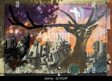 Admirez les graffitis des monuments de Londres sur un mur extérieur de l'Imperial Hall sur City Road. Londres. Banque D'Images