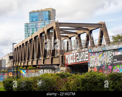 Pont de chemin de fer avec graffiti vu de Station Park dans le quartier de Spitalfields de Londres, avec un bâtiment moderne de haute élévation dans le loin. Banque D'Images