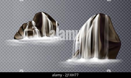 Cascade en cascade sur la roche, chute d'eau réaliste des ruisseaux tombant de montagnes, jets de liquide pur et pierres avec brouillard vers le bas, conception de fontaine. Réaliste Illustration de Vecteur