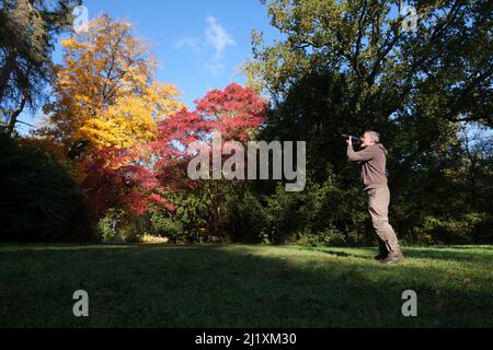 Westonbirt, Royaume-Uni. L'arboretum national de Westonbirt, où les arbres se sont transformés à des couleurs automnales étonnantes et où les membres du public aiment marcher et prendre des photos sous le soleil lumineux du matin. Banque D'Images