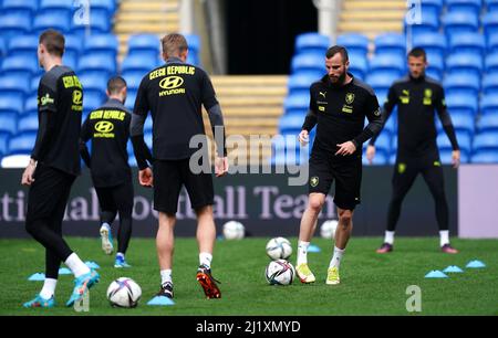 République tchèque joueurs lors d'une session d'entraînement au stade de Cardiff City, Cardiff. Date de la photo: Lundi 28 mars 2022. Banque D'Images