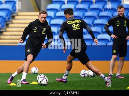 République tchèque joueurs lors d'une session d'entraînement au stade de Cardiff City, Cardiff. Date de la photo: Lundi 28 mars 2022. Banque D'Images