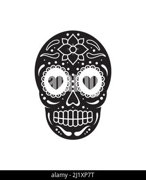 Dessin animé plat noir vectoriel Day of the Dead Skull avec décoration florale. Crâne de sucre mexicain Illustration de Vecteur