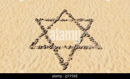 Concept pierres conceptuelles sur plage sable forme de symbole fait à la main, fond de sable doré, religieux hébraïque David star. Banque D'Images