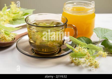 Tilia platyphyllos connu sous le nom de thé à base de plantes à fleurs de tilleul à grands feuilles, fait à partir d'une fleur fraîchement cueillie avec des feuilles d'arbre et des branches avec des fleurs Banque D'Images