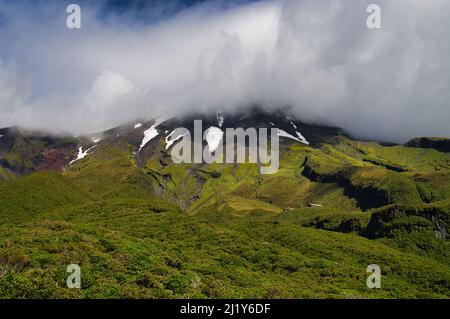Mont Taranaki (Mont Egmont), volcan de l'île du Nord, en Nouvelle-Zélande, avec des forêts denses, des cries et des champs de neige. Le sommet est caché par les nuages. Banque D'Images