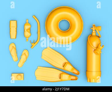 Des accessoires de plongée colorés et de plage comme ummbrellaand crème solaire sur bleu Banque D'Images