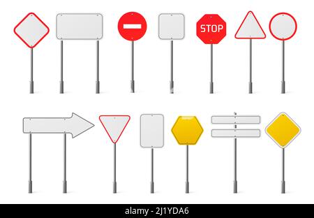 Collection de panneaux de signalisation routière. Vecteur jeu réaliste de panneaux de signalisation routière vierges différentes formes pour l'attention, alerte, limite de vitesse et avis de direction isola Illustration de Vecteur