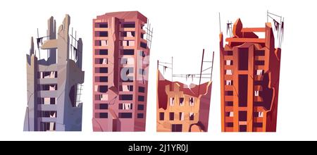 Détruit les bâtiments de la ville après la guerre ou une catastrophe naturelle. Ensemble de dessins animés vectoriels de maisons brisées abandonnées isolées sur fond blanc. La ville est en ruine Illustration de Vecteur