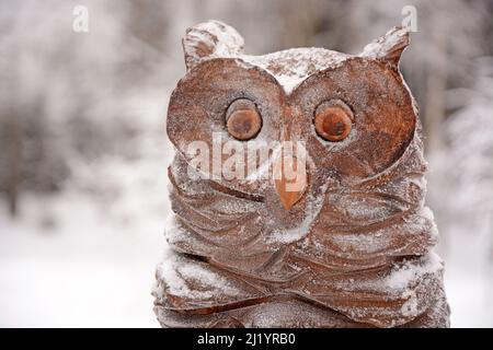 Figurine en bois d'un corbeau couvert de hibou dans la cour d'une maison Banque D'Images