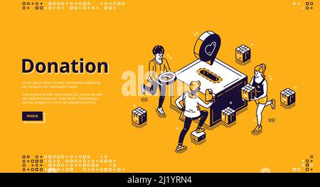 Page d'accueil isométrique pour dons et œuvres de bienfaisance. Les gens ont mis des pièces de monnaie dans un énorme emplacement de boîte d'argent. Concept de bénévolat et d'aide sociale, solidarité et fondation Illustration de Vecteur