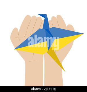 Grue à l'origami en papier aux couleurs du drapeau ukrainien sur les mains ouvertes des enfants. Concept contre la guerre en Ukraine avec symbole japonais de la paix et pas de guerre pas de bombe sauver les enfants vie idées illustration vectorielle Illustration de Vecteur