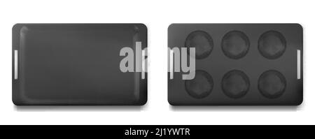 Plateau pour la cuisson des muffins vue du dessus et du dessous, moule vide, cupcakes isolés. Ustensile de cuisine pour four, plat en métal avec trous ronds pour rang doug Illustration de Vecteur