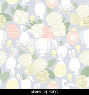Motif sans couture avec jolis lapins de Pâques, œufs de Pâques et hortensia Illustration de Vecteur
