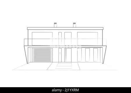 Dessin d'un bâtiment moderne. Vue avant. Plan architectural d'une maison contemporaine. Architecture de construction conception d'arrière-plan art de ligne. Vecteur Illustration de Vecteur