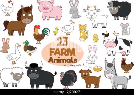 Ensemble de 23 animaux de ferme dans le style de dessin animé Illustration vectorielle Illustration de Vecteur