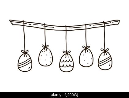 Décoration festive avec œufs de Pâques suspendus isolés sur fond blanc. Illustration vectorielle dessinée à la main, style doodle. Parfait pour les motifs de vacances, carte Illustration de Vecteur