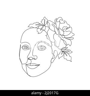 Une seule ligne dessin visage de fille avec fleur rose. Illustration de Vecteur