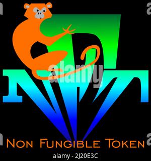 lettrage de dessin animé du logo nft avec un singe sur fond sombre 1 Illustration de Vecteur