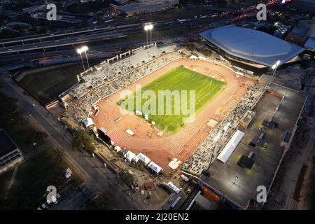 Une vue aérienne du stade Mike A. Myers sur le campus de l'Université du Texas, vendredi 25 mars 2022, à Austin. Tex. le stade est la maison de Th Banque D'Images