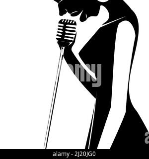 African bald Women jazz chanteur avec microphone rétro dans le style plat silhouette noir et blanc ligne continue illustration Illustration de Vecteur