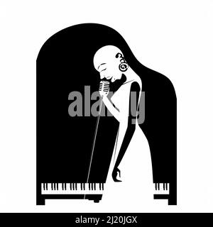 Femme bald africaine chanteuse de jazz avec microphone rétro sur le fond du piano dans la silhouette plate ligne continue noire et blanche illustrat Illustration de Vecteur