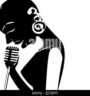 African bald Women jazz chanteur avec microphone rétro dans le style plat silhouette noir et blanc ligne continue illustration Illustration de Vecteur