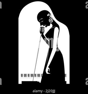 Femme bald africaine chanteuse de jazz avec microphone rétro sur le fond du piano dans la silhouette plate ligne continue noire et blanche illustrat Illustration de Vecteur