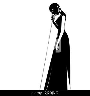 African bald Women jazz chanteur avec microphone rétro dans le style plat silhouette noir et blanc ligne continue illustration Illustration de Vecteur